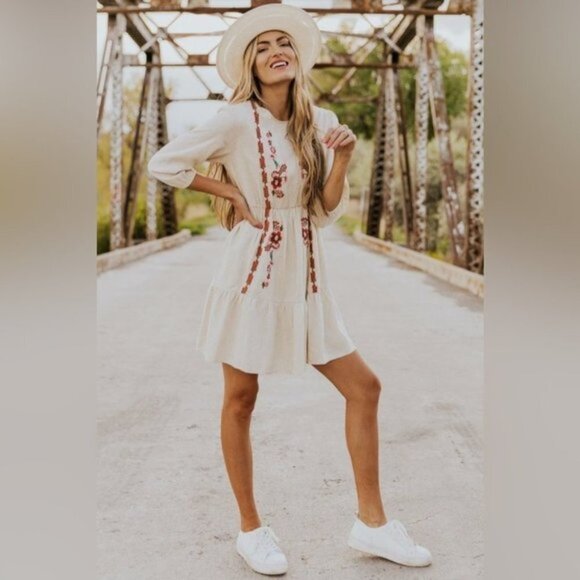 Roolee Linen Floral Embroidered Dress Size Medium Floral Boho Prairie Feminine - Picture 14 of 14